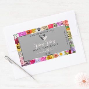 Sticker Rectangulaire Fleurs colorées Cadre gris produit Coeurs Étiquett