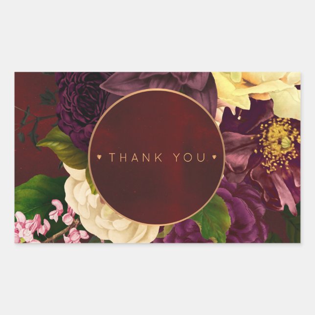 Sticker Rectangulaire Fleurs d'hiver mariage d'or bordeaux merci (Devant)