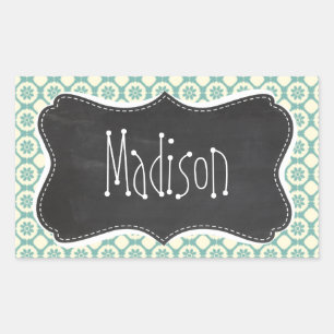 Sticker Rectangulaire Floral bleu-vert et crème ; tableau Vintage