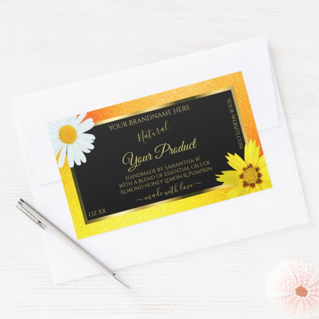 Sticker Rectangulaire Floral Jaune Orange Parties scintillant Noir Étiqu (Enveloppe)