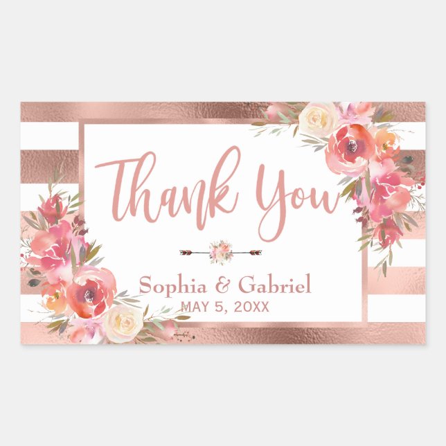 Sticker Rectangulaire Floral rose | Rose Gold Stripes Mariage Merci (Devant)