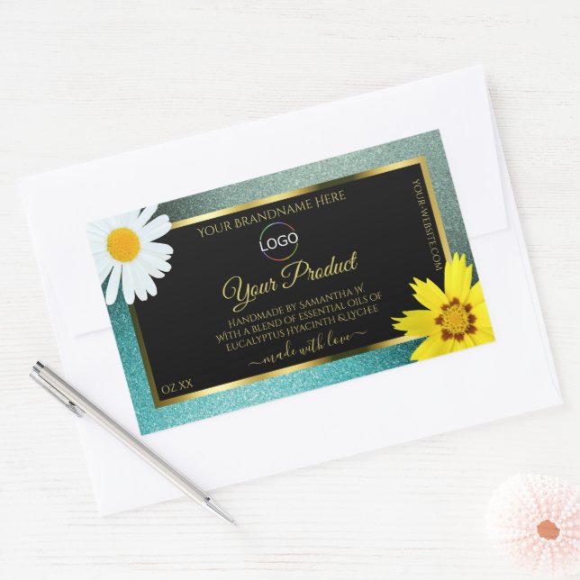 Sticker Rectangulaire Floral Turquoise Blue Parties scintillant Noir Pro (Enveloppe)