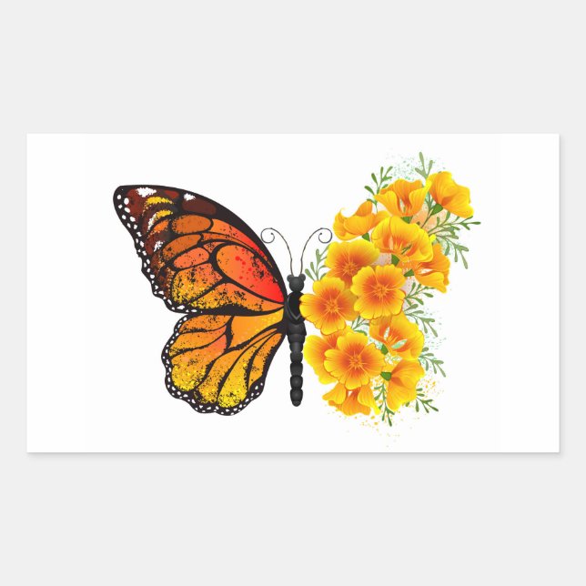 Sticker Rectangulaire Flower Butterfly with Yellow California Poppy (Devant)