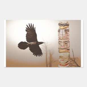 Sticker Rectangulaire Flying Raven & Totem-Pole Imaginaire Art