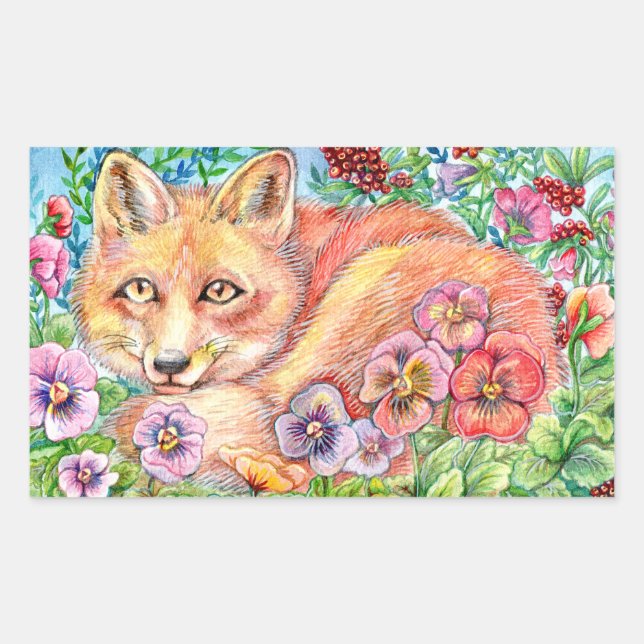 Sticker Rectangulaire Fox et Pansies (Devant)