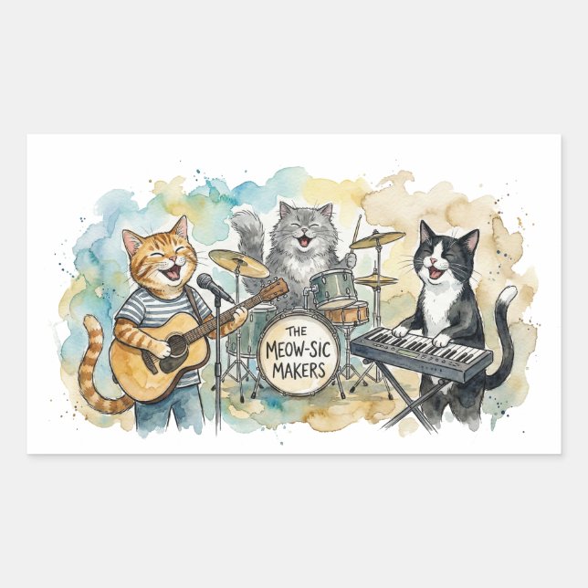 Sticker Rectangulaire Fun Cat Band Music Piano Drums Keyboard (Devant)