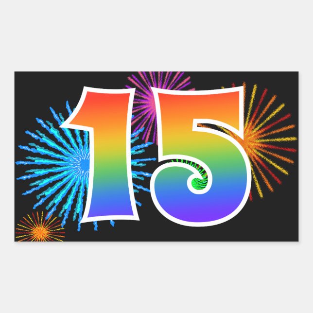 Sticker Rectangulaire Fun Fireworks + Rainbow Motif "15" Numéro d'événem (Devant)