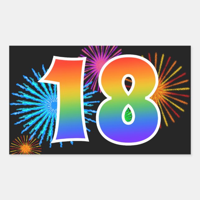 Sticker Rectangulaire Fun Fireworks + Rainbow Motif "18" Numéro de l'évé (Devant)