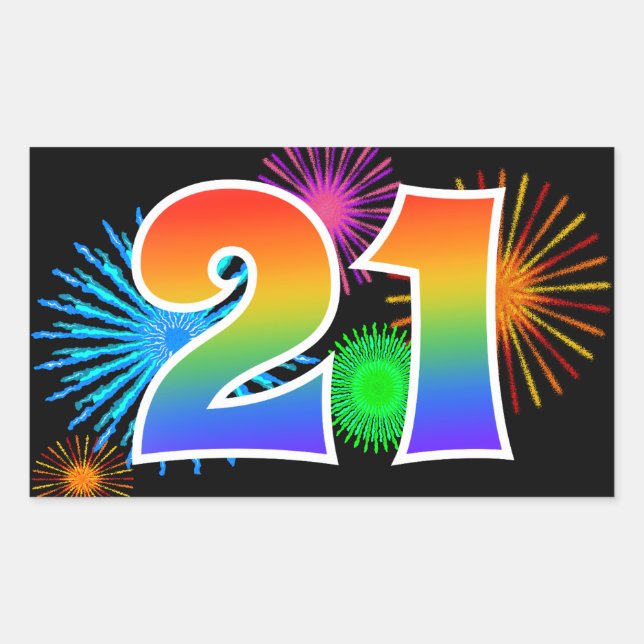 Sticker Rectangulaire Fun Fireworks + Rainbow Motif "21" Numéro d'événem (Devant)