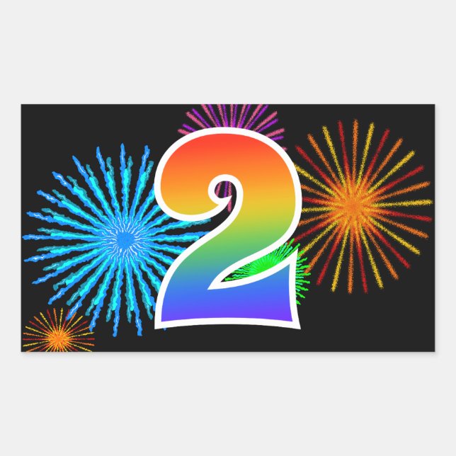 Sticker Rectangulaire Fun Fireworks + Rainbow Motif "2" Numéro d'événeme (Devant)