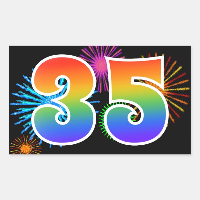 Sticker Rectangulaire Fun Fireworks + Rainbow Motif "35" Numéro de l'évé (Devant)