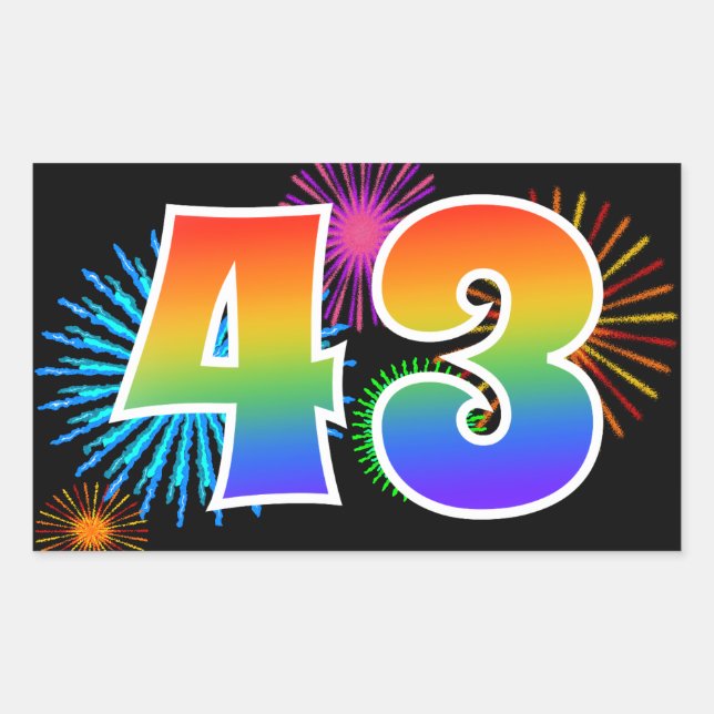 Sticker Rectangulaire Fun Fireworks + Rainbow Motif "43" Numéro de l'évé (Devant)
