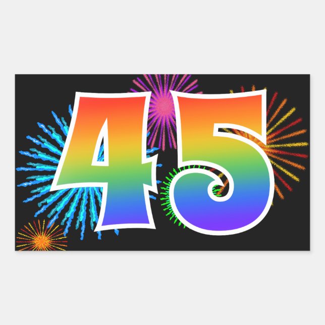 Sticker Rectangulaire Fun Fireworks + Rainbow Motif "45" Numéro d'événem (Devant)