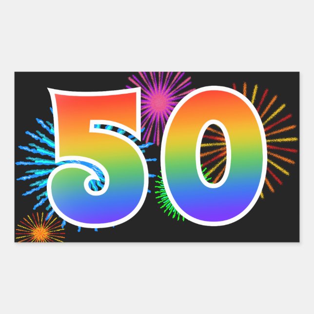 Sticker Rectangulaire Fun Fireworks + Rainbow Motif "50" Numéro d'événem (Devant)