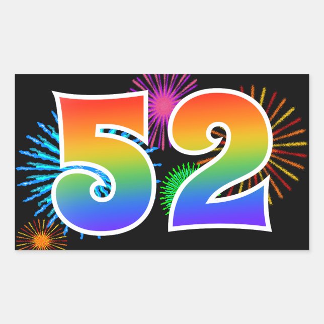Sticker Rectangulaire Fun Fireworks + Rainbow Motif "52" Numéro d'événem (Devant)