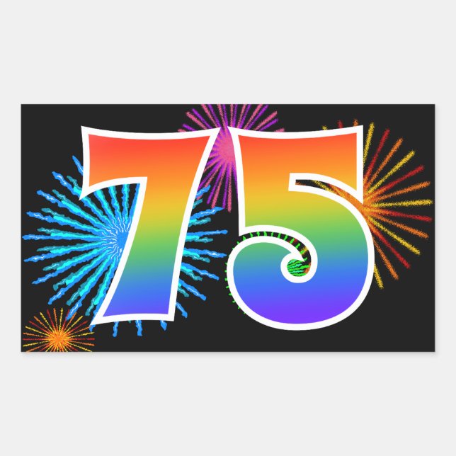 Sticker Rectangulaire Fun Fireworks + Rainbow Motif "75" Numéro d'événem (Devant)