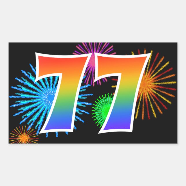 Sticker Rectangulaire Fun Fireworks + Rainbow Motif "77" Numéro de l'évé (Devant)