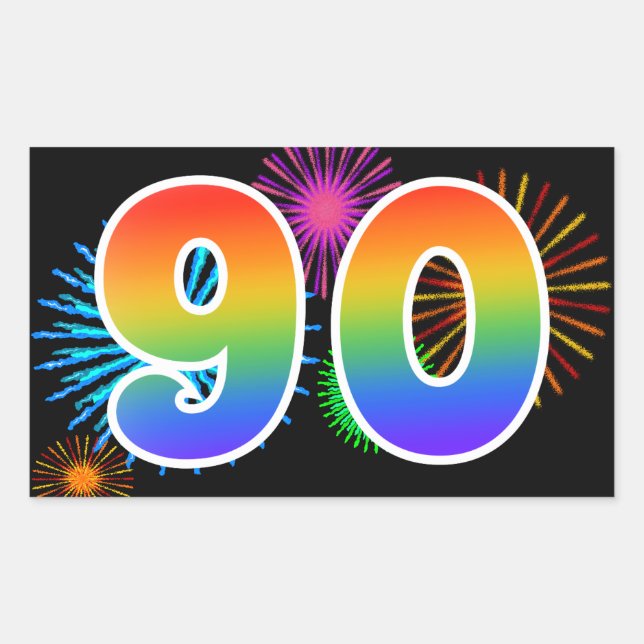 Sticker Rectangulaire Fun Fireworks + Rainbow Motif "90" Numéro de l'évé (Devant)