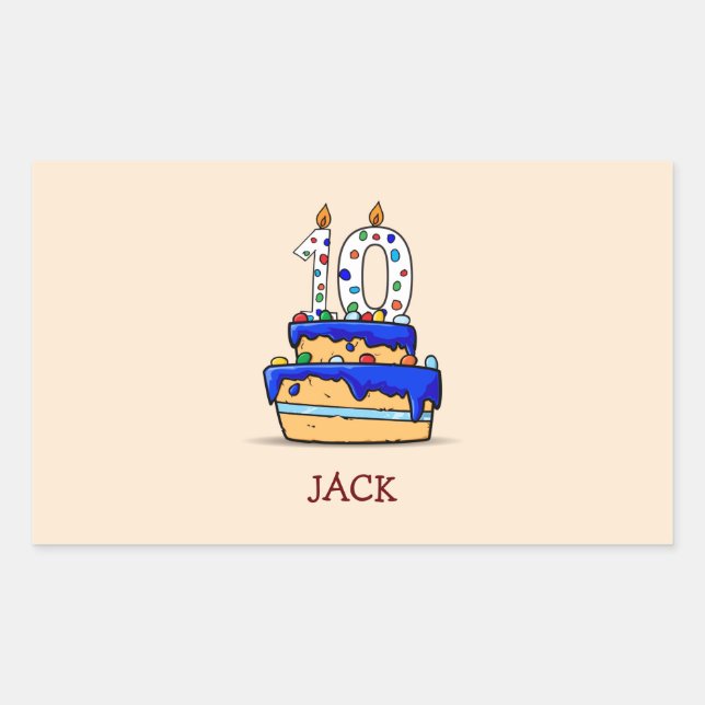 Sticker Rectangulaire Garçon 10e anniversaire, 10 sur gâteau bleu sucré (Devant)