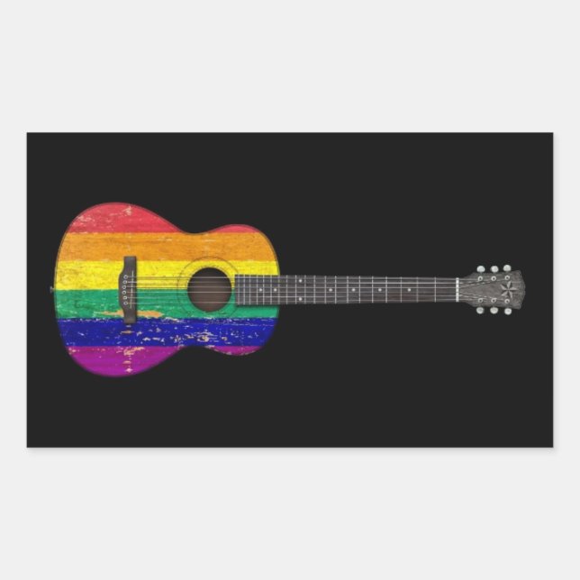 Sticker Rectangulaire Gay pride arc-en-ciel usé drapeau guitare acoustiq (Devant)