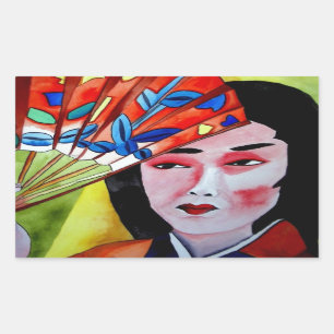 Sticker Rectangulaire geisha japonaise avec ventilateur peinture d'art o