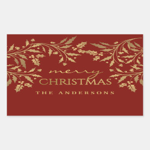 Sticker Rectangulaire Gold Faux Foil Joyeux Noël Holly Branches
