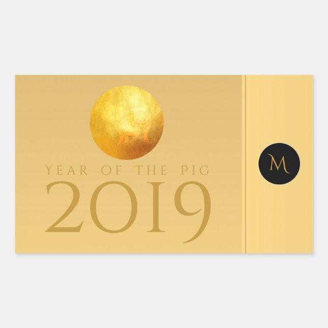 Sticker Rectangulaire Golden Chinese Pig Papercut 2019 Monogram R Stick (Devant)