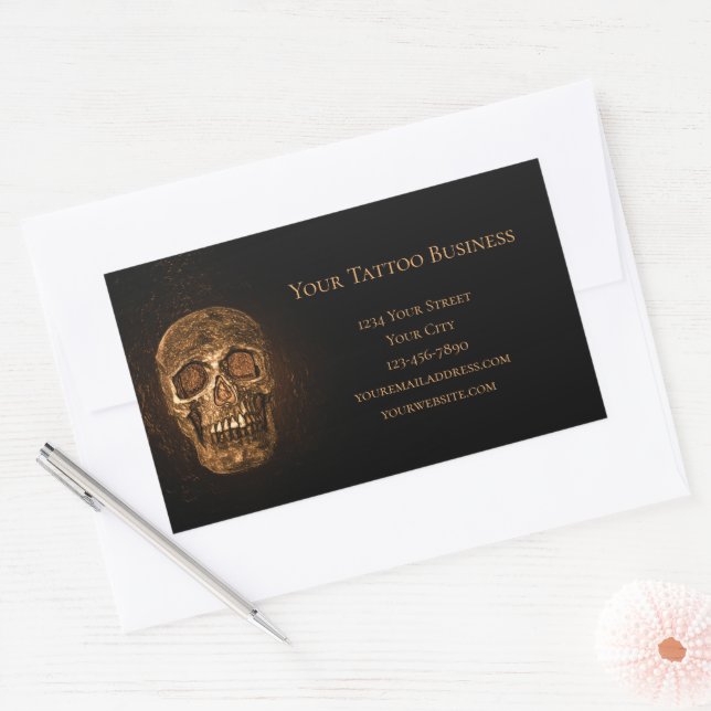 Sticker Rectangulaire Gothique Tête de crâne brillant Or Black Tattoo Sh (Enveloppe)
