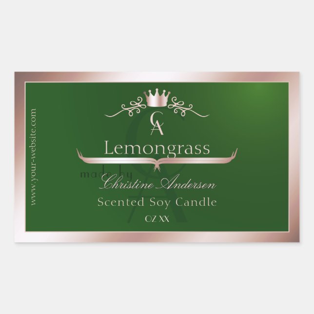 Sticker Rectangulaire Grass Green Product Label Rose Gold Frame Monogram (Devant)