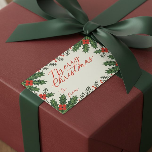 Sticker Rectangulaire Green Holly Feuilles et Red Berry Joyeux Noël (Créateur téléchargé)