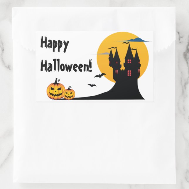 Sticker Rectangulaire Halloween - Château, Pleine lune, chauves-souris e (Sac)