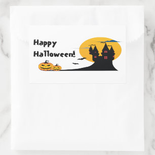 Sticker Rectangulaire Halloween - Château, Pleine lune, chauves-souris e
