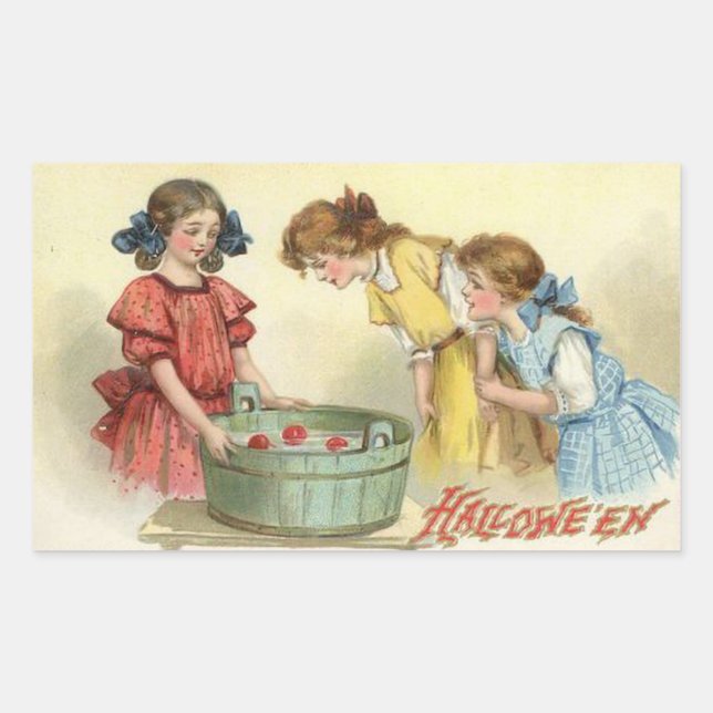 Sticker Rectangulaire Halloween filles Bobbing pour pommes Vintage (Devant)