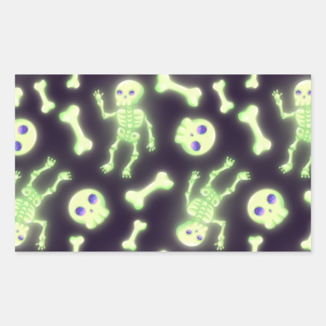 Sticker Rectangulaire Halloween mignon Éffrayant brillant squelette os c (Devant)