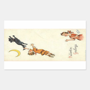 Sticker Rectangulaire Halloween Salutations Boy Black Chat Tail Vintage