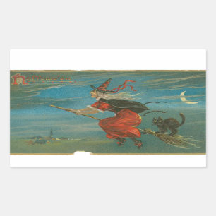 Sticker Rectangulaire Halloween Sorcière rouge sur Broom Black Chat Vint