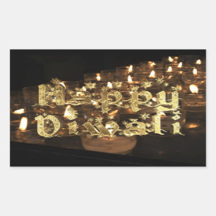 Sticker Rectangulaire Happy Diwali Black and Gold Candlelight Stars