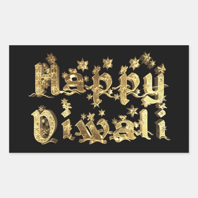 Sticker Rectangulaire Happy Diwali Black and Gold Elegant Stars Texte (Devant)
