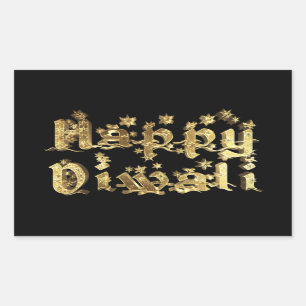 Sticker Rectangulaire Happy Diwali Black and Gold Elegant Stars Texte