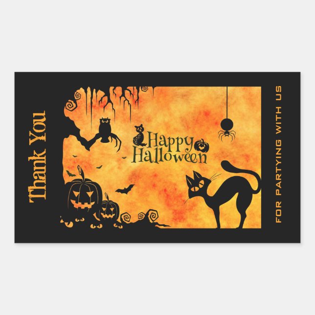 Sticker Rectangulaire Happy Halloween Silhouette Black Cat Merci (Devant)