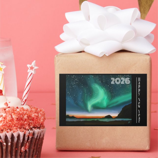 Sticker Rectangulaire Happy New Year 2026 - Aurora Borealis (Fête)