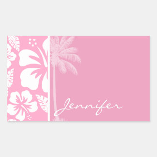 Sticker Rectangulaire Hibiscus Tropical Rose Carnation; Palme D'Été