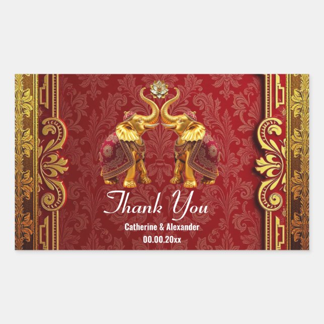 Sticker Rectangulaire Hindi éléphants lotus fleur or rouge mariage (Devant)