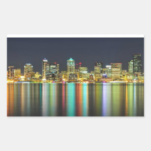 Sticker Rectangulaire Horizon de Seattle la nuit avec la réflexion