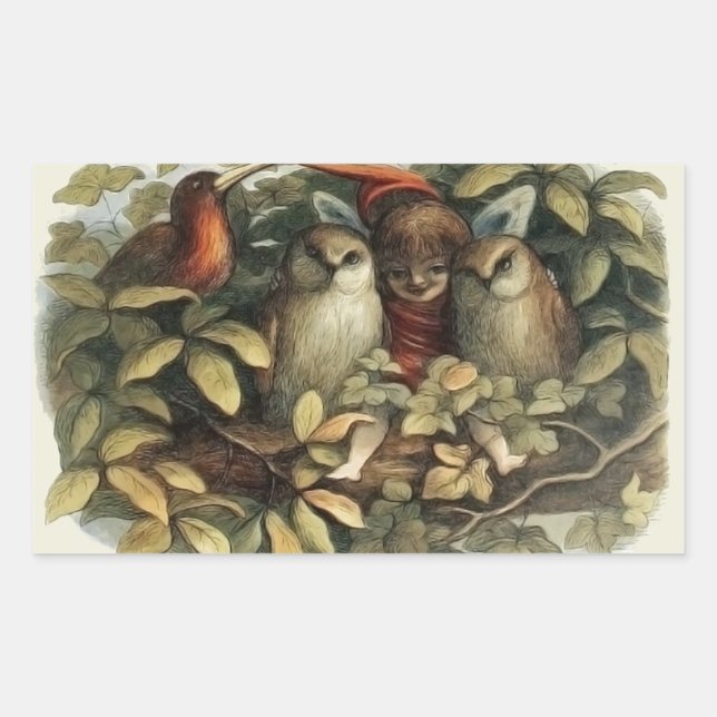 Sticker Rectangulaire Illustration de la nature des hiboux et des fées d (Devant)
