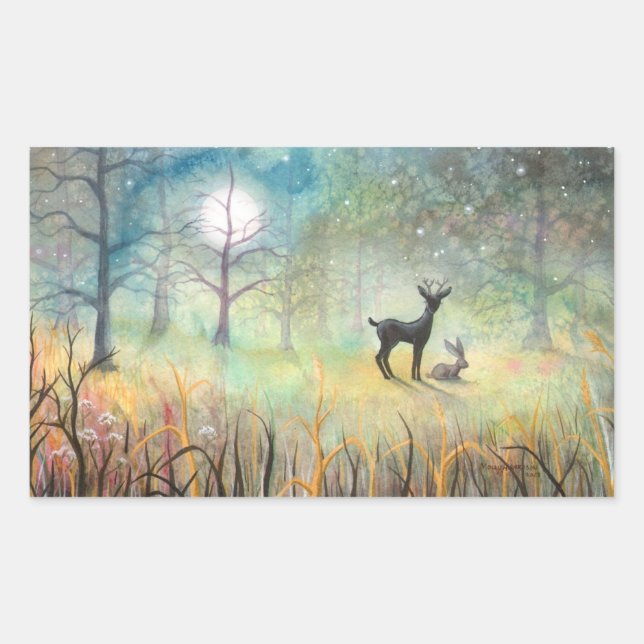 Sticker Rectangulaire Imaginaire de cerfs et de lapins Art de la faune (Devant)