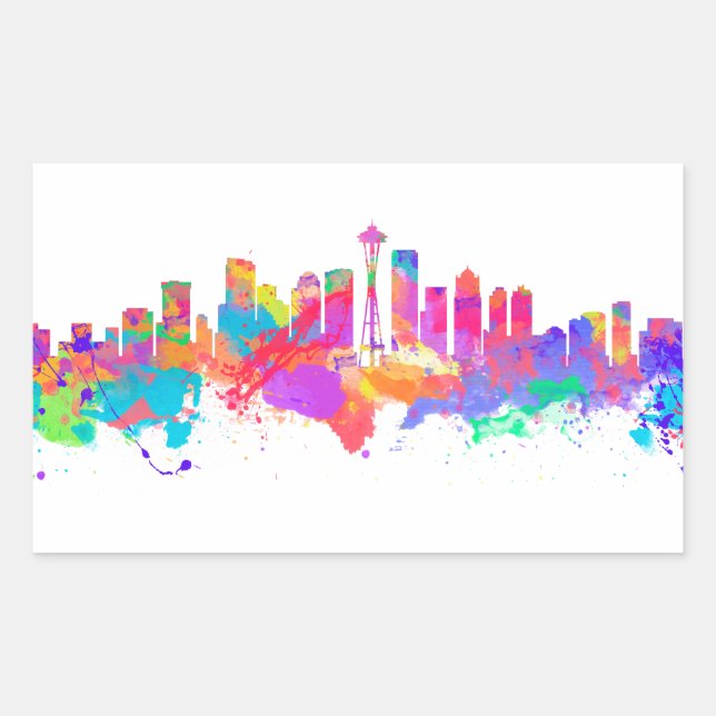 Sticker Rectangulaire Impression d'aquarelle de l'horizon de Seattle USA (Devant)