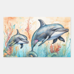 Sticker Rectangulaire Impression d'art de dauphins à l'aquarelle