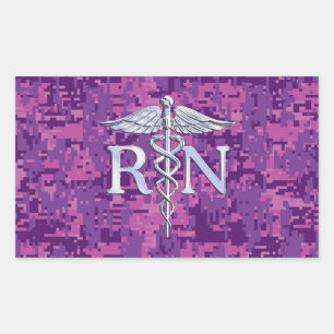 Sticker Rectangulaire Infirmière inscrite RN Silver Caduceus sur Camo Ro