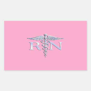 Sticker Rectangulaire Infirmière inscrite Silver Caduceus Décor rose cla